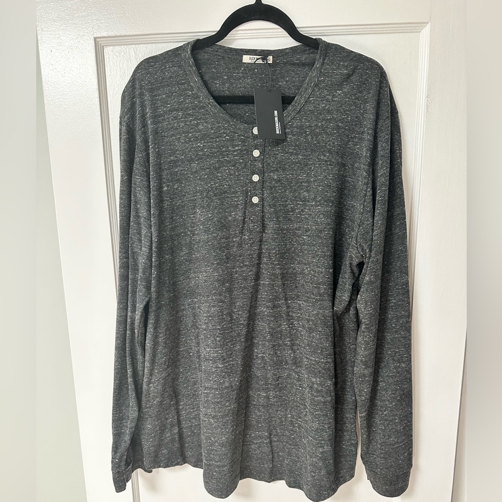 Buck Mason pima curved hem henley grey 3/4 button down long sleeve shirt. XXL